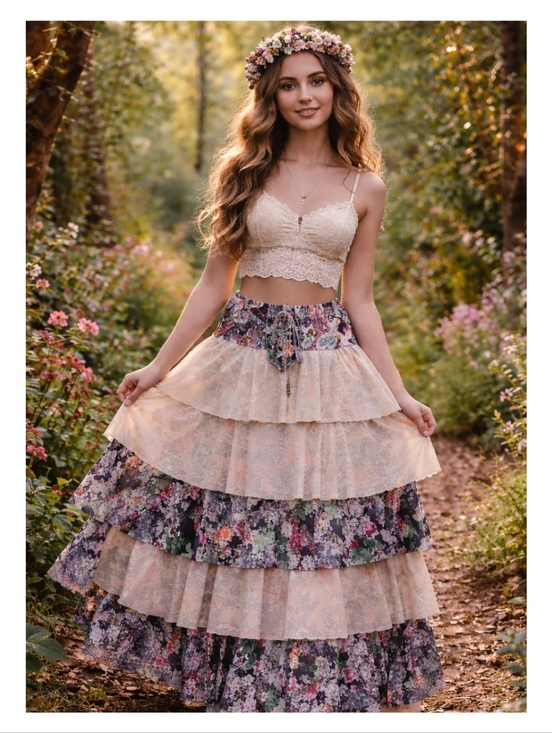 Agua Bendita Dresses & Skirts - Agua Bendita 6 Tiered Floral Ruffle Maxi Skirt Lace waist Boho Whimsical